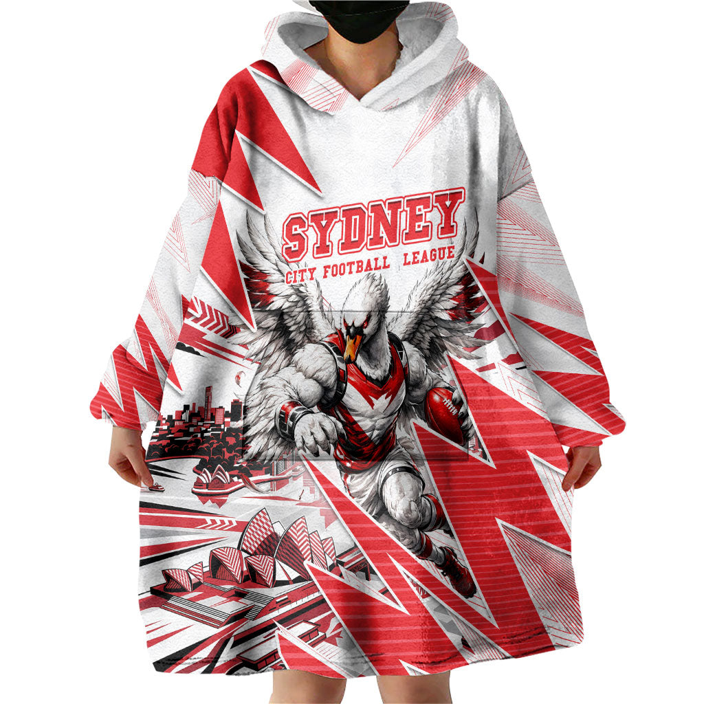 Personalised Sydney Swans Fan Pride Wearable Blanket Hoodie Fierce Swan Mascot Graphic Art With Sydney City Skyline