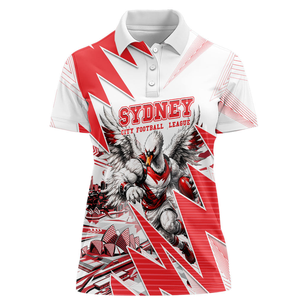 Personalised Sydney Swans Fan Pride Women Polo Shirt Fierce Swan Mascot Graphic Art With Sydney City Skyline