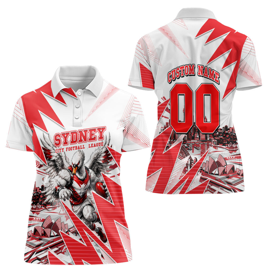 Personalised Sydney Swans Fan Pride Women Polo Shirt Fierce Swan Mascot Graphic Art With Sydney City Skyline
