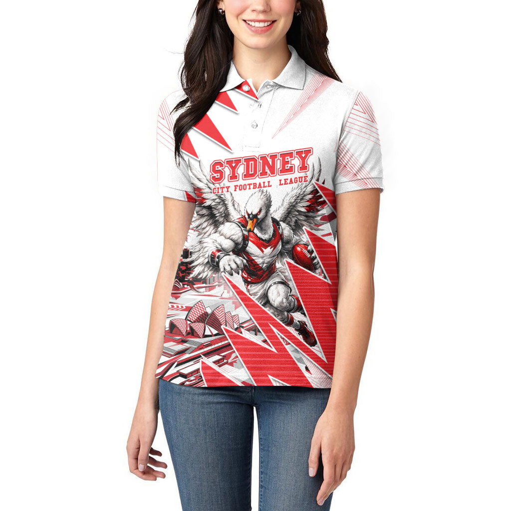 Personalised Sydney Swans Fan Pride Women Polo Shirt Fierce Swan Mascot Graphic Art With Sydney City Skyline