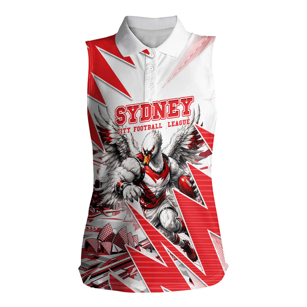 Personalised Sydney Swans Fan Pride Women Sleeveless Polo Shirt Fierce Swan Mascot Graphic Art With Sydney City Skyline