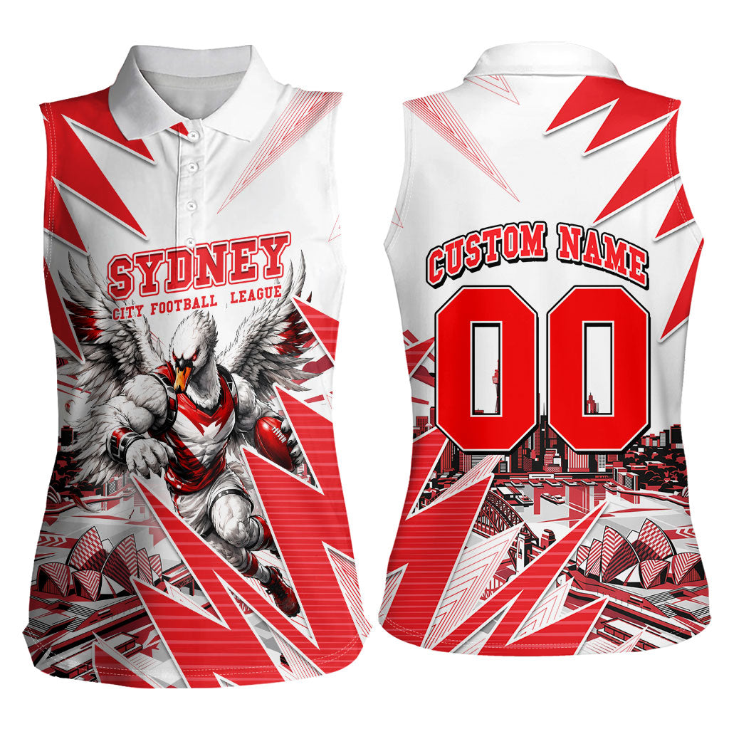 Personalised Sydney Swans Fan Pride Women Sleeveless Polo Shirt Fierce Swan Mascot Graphic Art With Sydney City Skyline