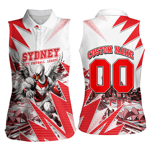 Personalised Sydney Swans Fan Pride Women Sleeveless Polo Shirt Fierce Swan Mascot Graphic Art With Sydney City Skyline
