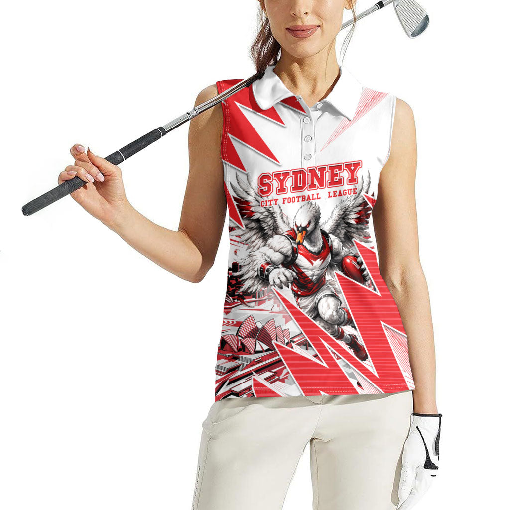 Personalised Sydney Swans Fan Pride Women Sleeveless Polo Shirt Fierce Swan Mascot Graphic Art With Sydney City Skyline