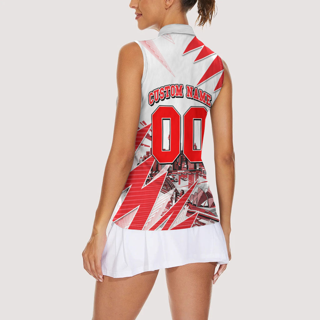 Personalised Sydney Swans Fan Pride Women Sleeveless Polo Shirt Fierce Swan Mascot Graphic Art With Sydney City Skyline