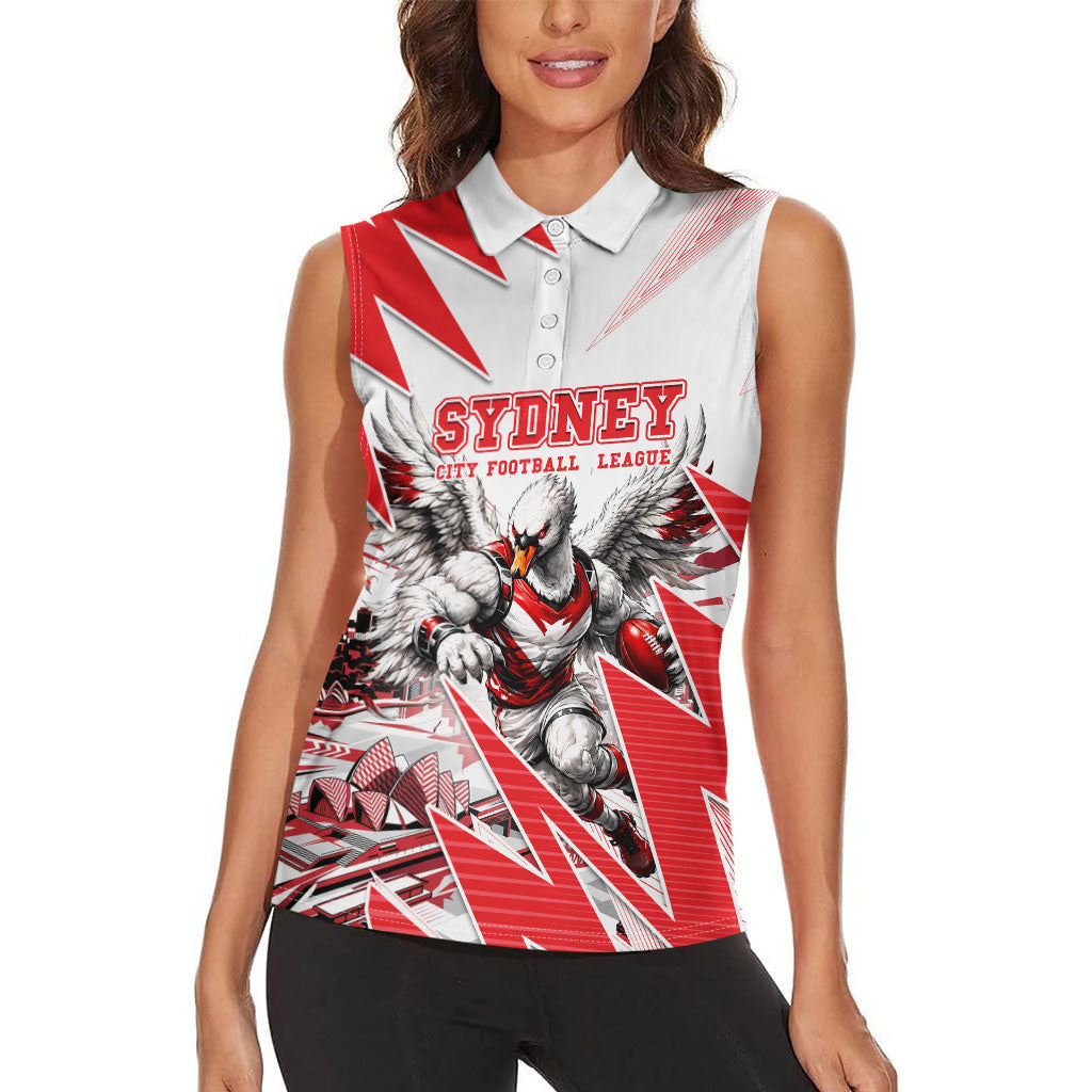 Personalised Sydney Swans Fan Pride Women Sleeveless Polo Shirt Fierce Swan Mascot Graphic Art With Sydney City Skyline