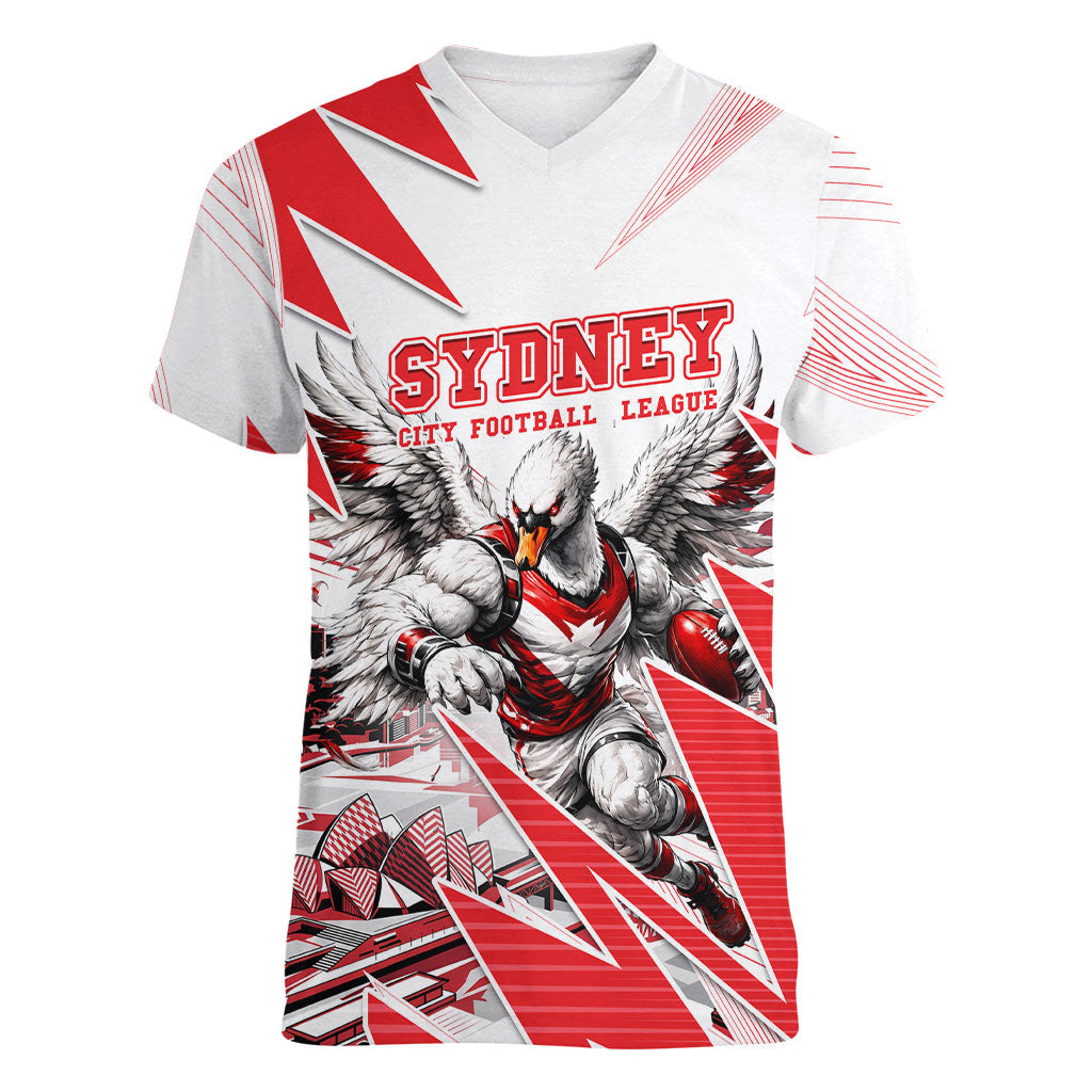 Personalised Sydney Swans Fan Pride Women V-Neck T-Shirt Fierce Swan Mascot Graphic Art With Sydney City Skyline