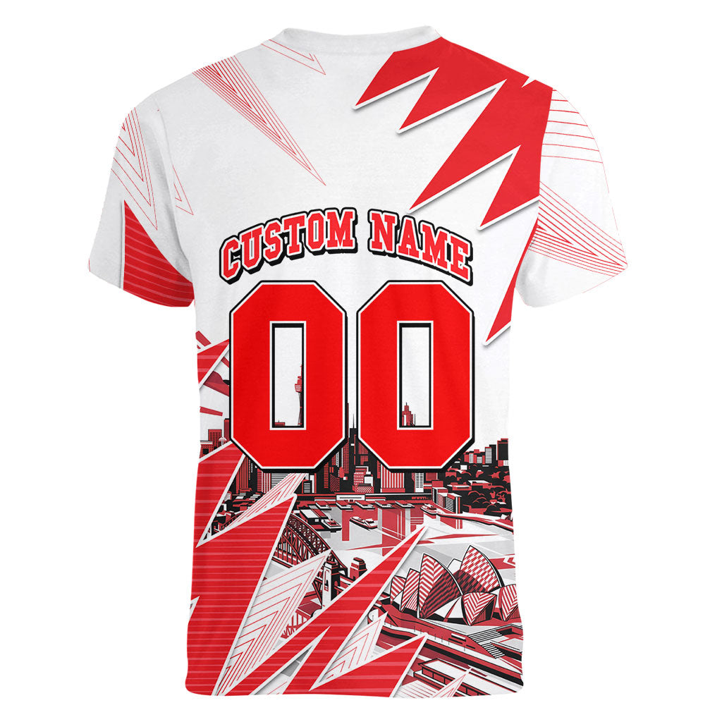 Personalised Sydney Swans Fan Pride Women V-Neck T-Shirt Fierce Swan Mascot Graphic Art With Sydney City Skyline