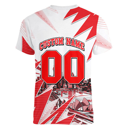 Personalised Sydney Swans Fan Pride Women V-Neck T-Shirt Fierce Swan Mascot Graphic Art With Sydney City Skyline