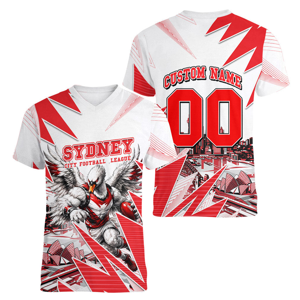Personalised Sydney Swans Fan Pride Women V-Neck T-Shirt Fierce Swan Mascot Graphic Art With Sydney City Skyline