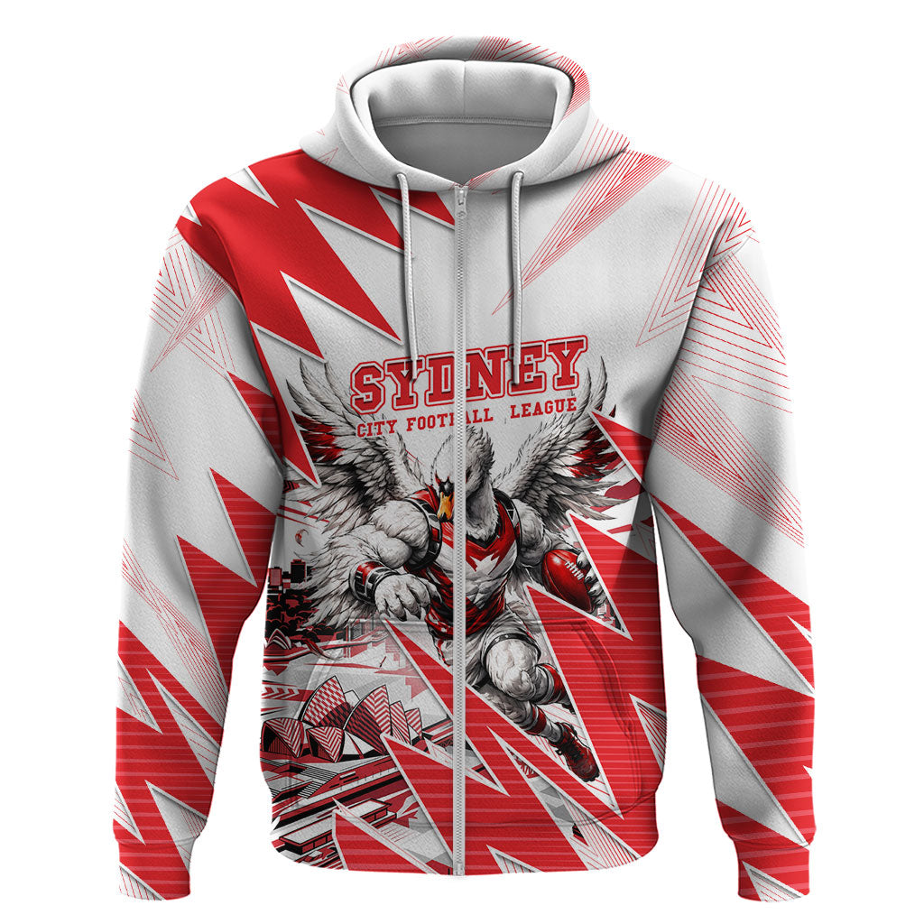 Personalised Sydney Swans Fan Pride Zip Hoodie Fierce Swan Mascot Graphic Art With Sydney City Skyline