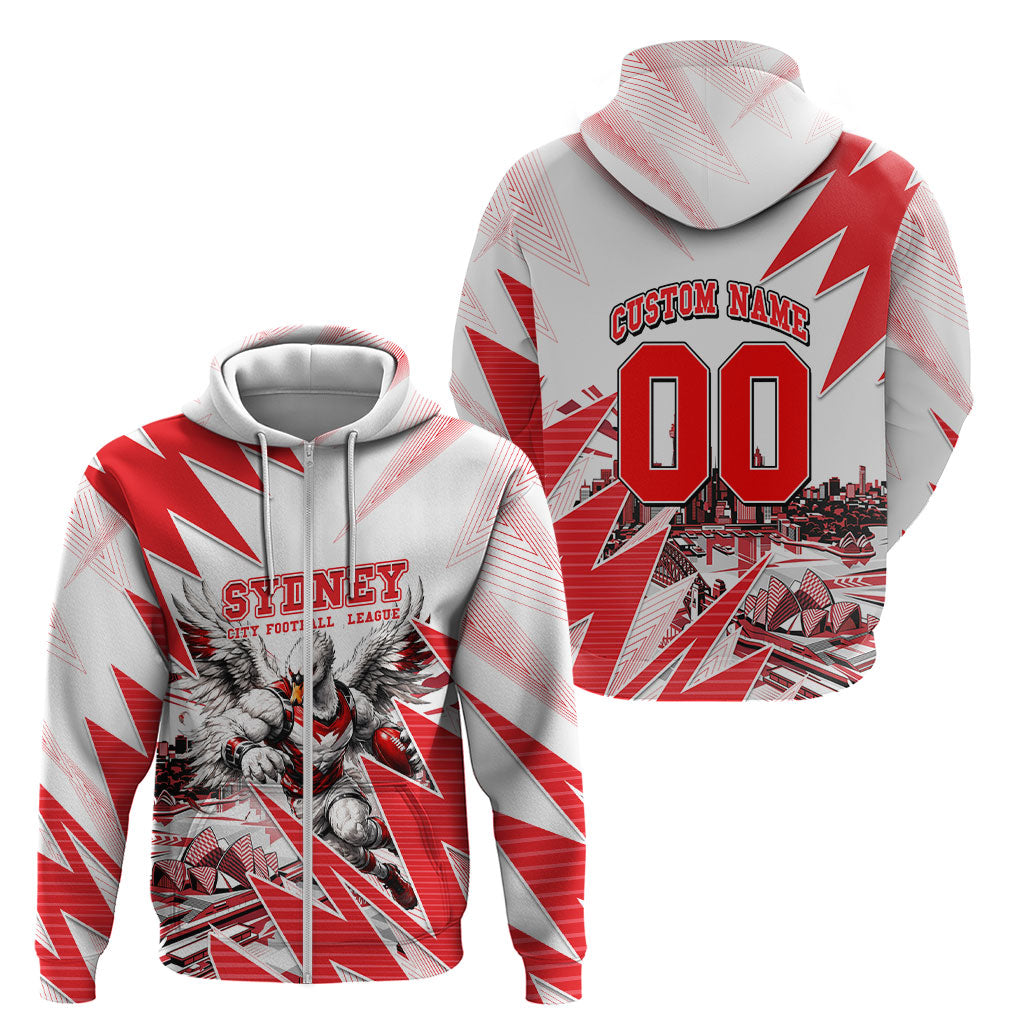 Personalised Sydney Swans Fan Pride Zip Hoodie Fierce Swan Mascot Graphic Art With Sydney City Skyline