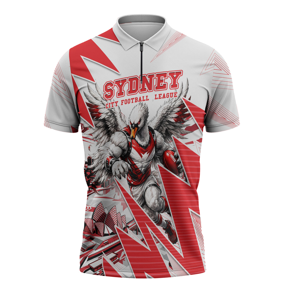 Personalised Sydney Swans Fan Pride Zipper Polo Shirt Fierce Swan Mascot Graphic Art With Sydney City Skyline