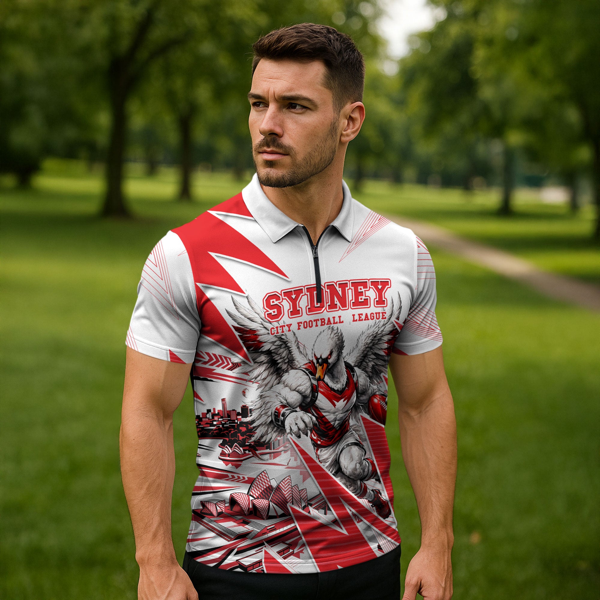 Personalised Sydney Swans Fan Pride Zipper Polo Shirt Fierce Swan Mascot Graphic Art With Sydney City Skyline