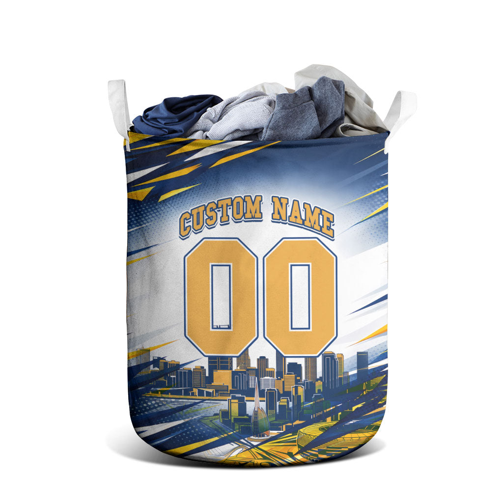 Personalised West Coast Eagles Fan Pride Laundry Basket Muscular Eagle Mascot Graphic Art With Perth City Skyline