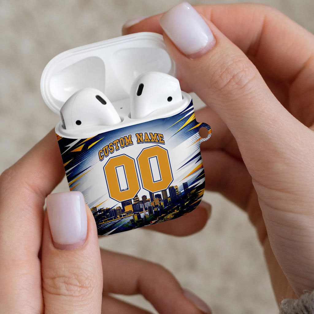 Personalised West Coast Eagles Fan Pride AirPods Case Muscular Eagle Mascot Graphic Art With Perth City Skyline