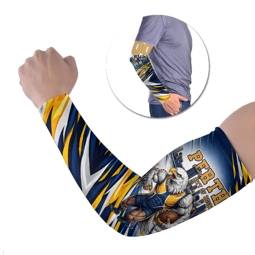 Personalised West Coast Eagles Fan Pride Arm Sleeves Muscular Eagle Mascot Graphic Art With Perth City Skyline