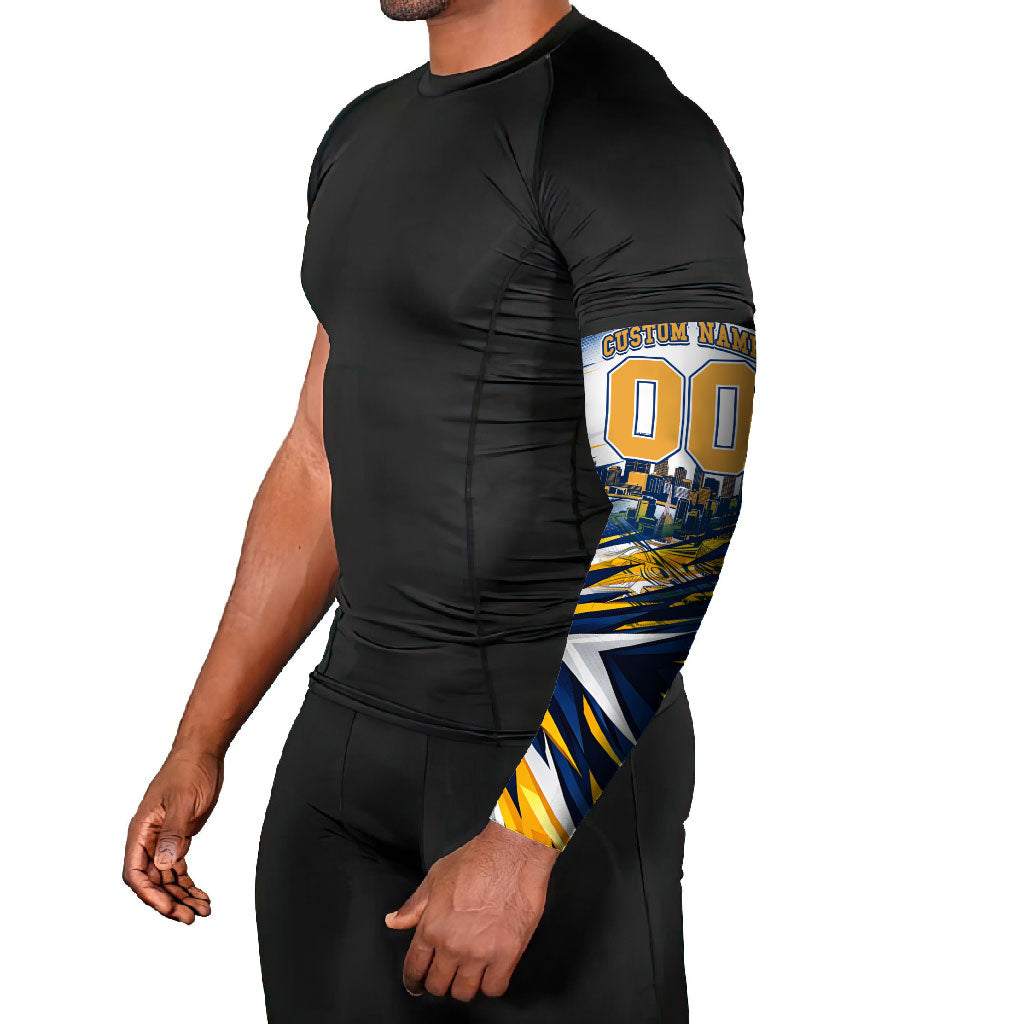 Personalised West Coast Eagles Fan Pride Arm Sleeves Muscular Eagle Mascot Graphic Art With Perth City Skyline