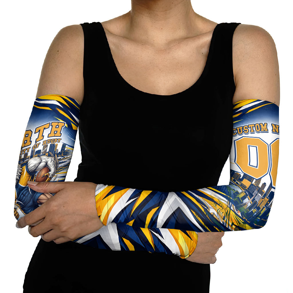 Personalised West Coast Eagles Fan Pride Arm Sleeves Muscular Eagle Mascot Graphic Art With Perth City Skyline