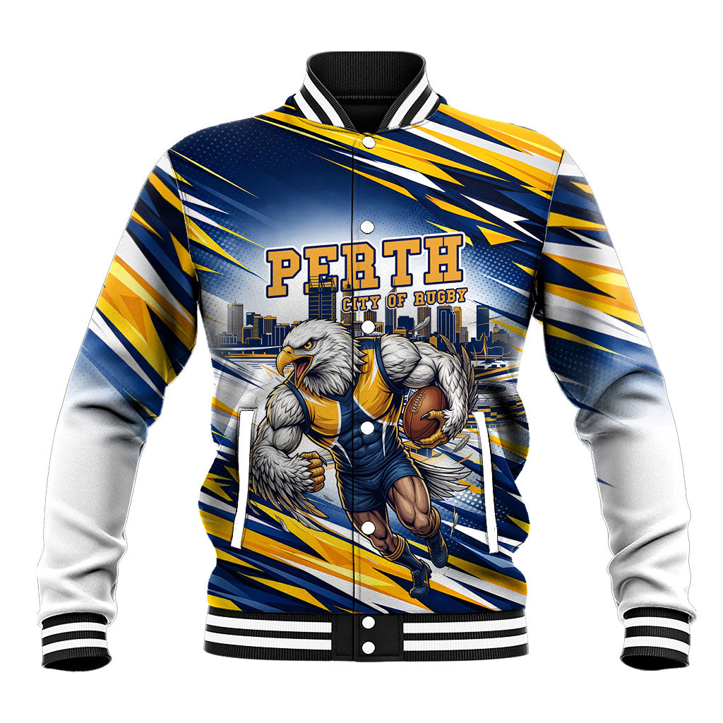 Personalised West Coast Eagles Fan Pride Baseball Jacket Muscular Eagle Mascot Graphic Art With Perth City Skyline