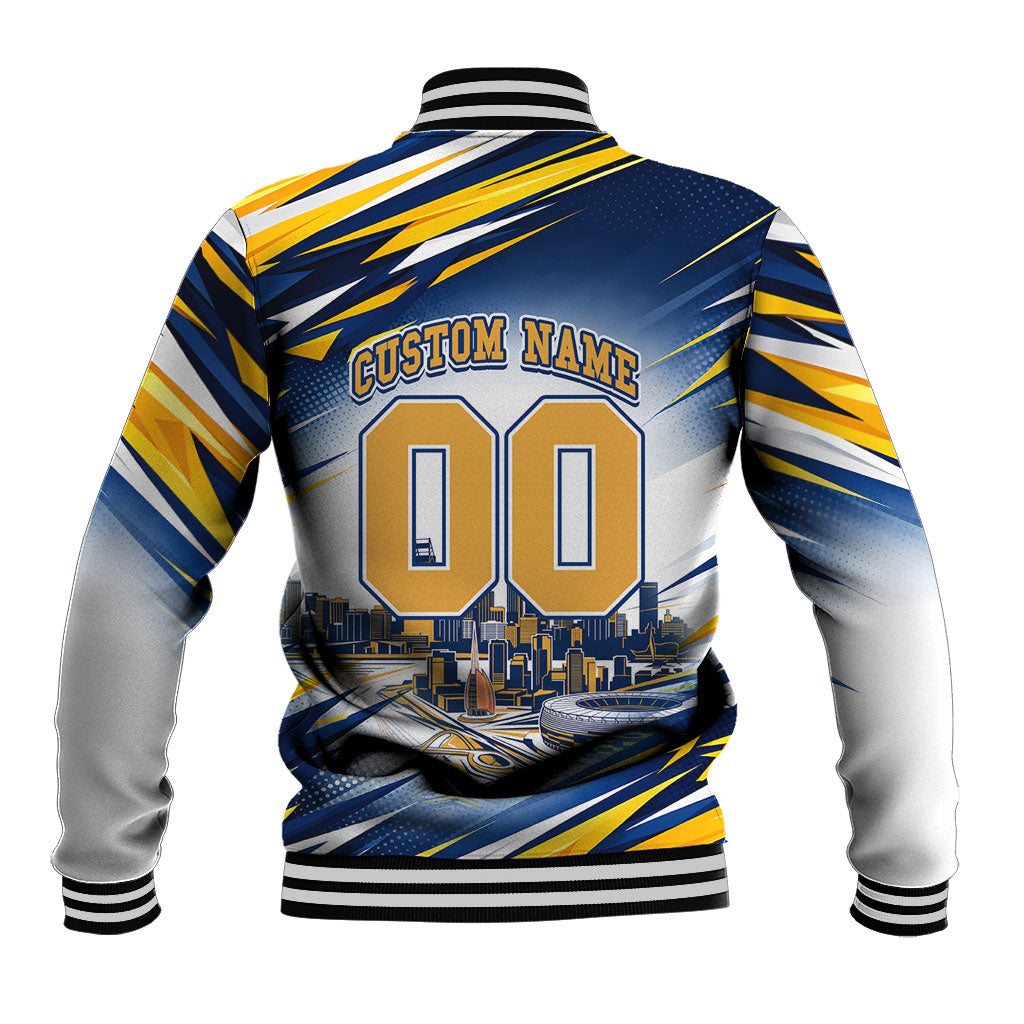 Personalised West Coast Eagles Fan Pride Baseball Jacket Muscular Eagle Mascot Graphic Art With Perth City Skyline