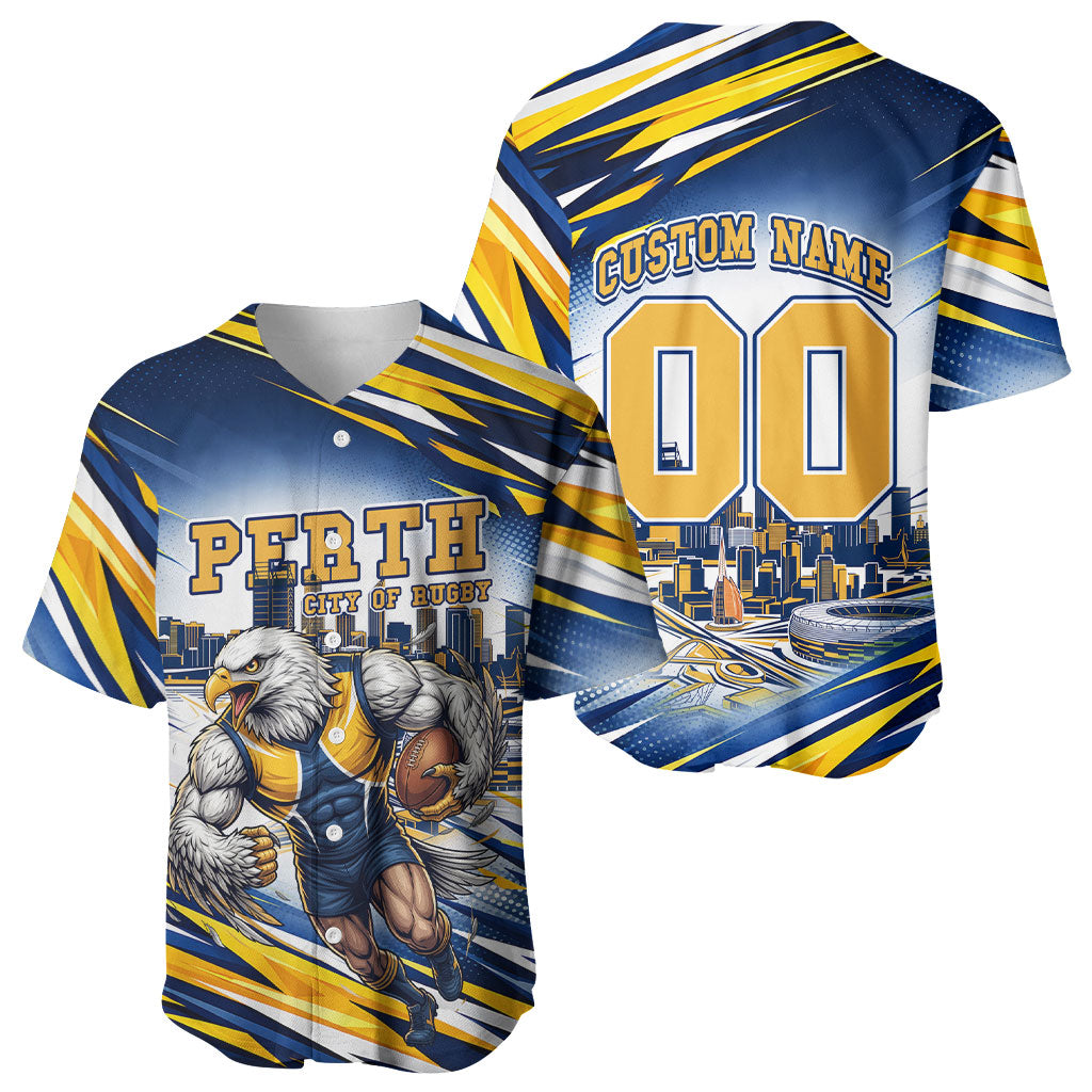 Personalised West Coast Eagles Fan Pride Baseball Jersey Muscular Eagle Mascot Graphic Art With Perth City Skyline