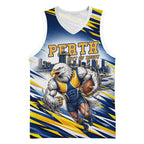 Personalised West Coast Eagles Fan Pride Basketball Jersey Muscular Eagle Mascot Graphic Art With Perth City Skyline