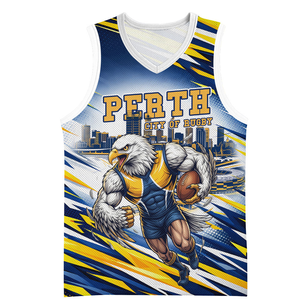 Personalised West Coast Eagles Fan Pride Basketball Jersey Muscular Eagle Mascot Graphic Art With Perth City Skyline