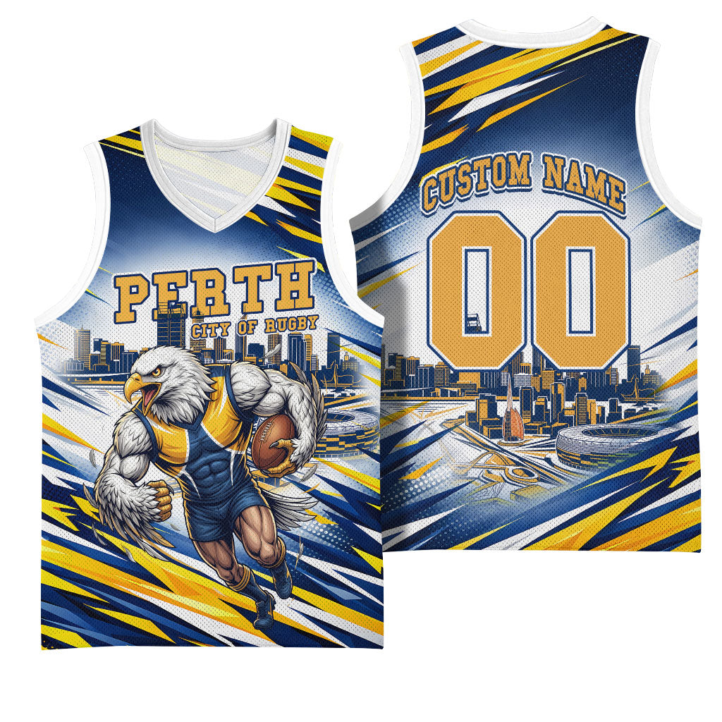 Personalised West Coast Eagles Fan Pride Basketball Jersey Muscular Eagle Mascot Graphic Art With Perth City Skyline