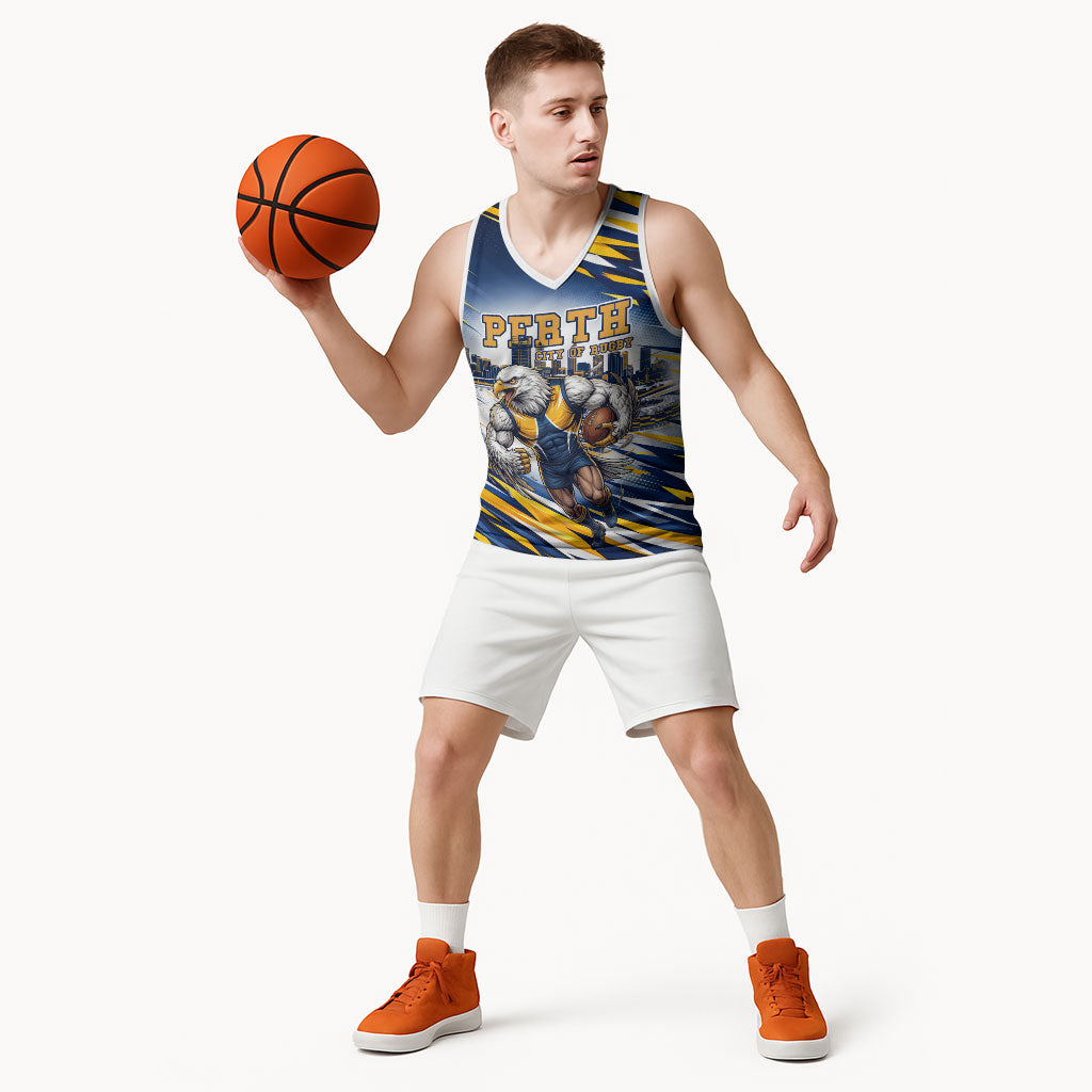 Personalised West Coast Eagles Fan Pride Basketball Jersey Muscular Eagle Mascot Graphic Art With Perth City Skyline