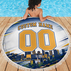 Personalised West Coast Eagles Fan Pride Beach Blanket Muscular Eagle Mascot Graphic Art With Perth City Skyline