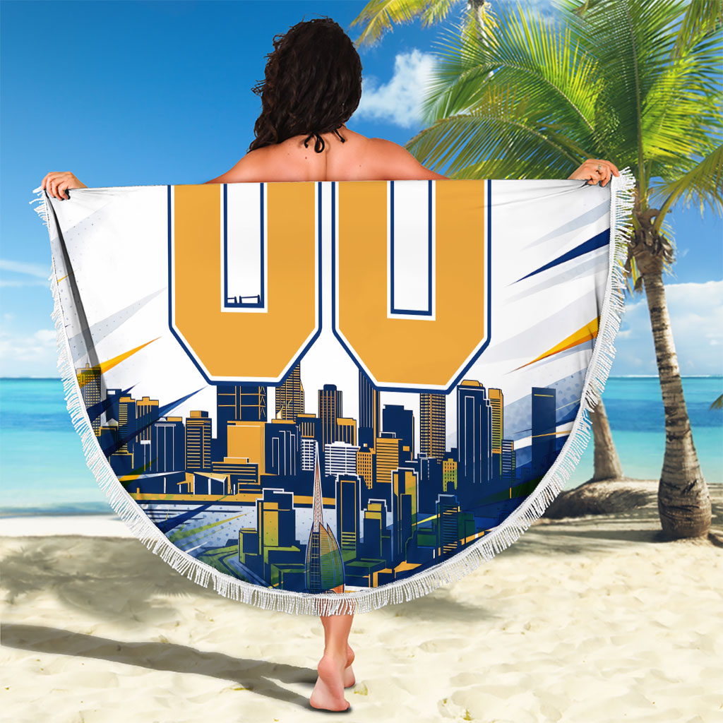 Personalised West Coast Eagles Fan Pride Beach Blanket Muscular Eagle Mascot Graphic Art With Perth City Skyline