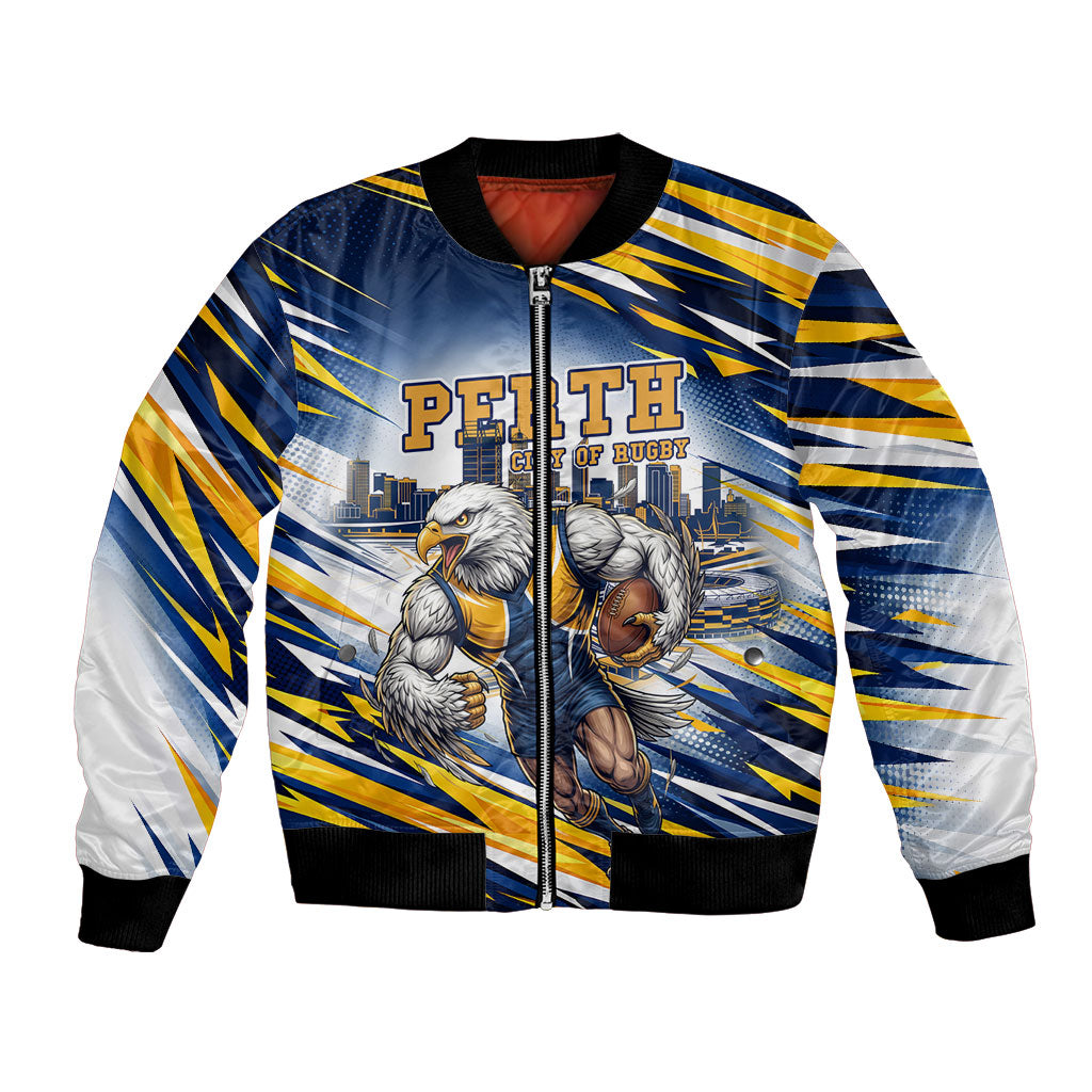 Personalised West Coast Eagles Fan Pride Bomber Jacket Muscular Eagle Mascot Graphic Art With Perth City Skyline