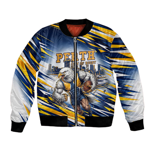 Personalised West Coast Eagles Fan Pride Bomber Jacket Muscular Eagle Mascot Graphic Art With Perth City Skyline