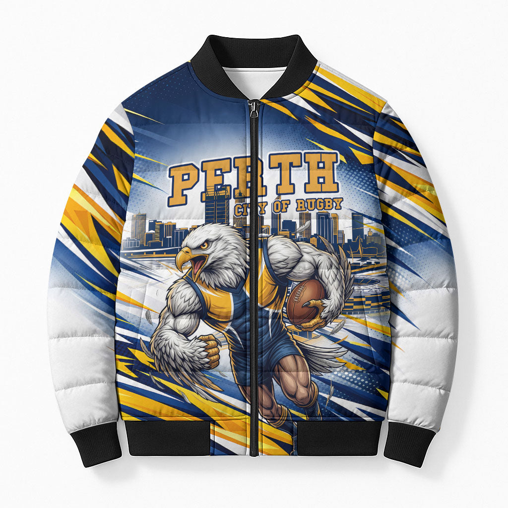 Personalised West Coast Eagles Fan Pride Bomber Puffer Jacket Muscular Eagle Mascot Graphic Art With Perth City Skyline