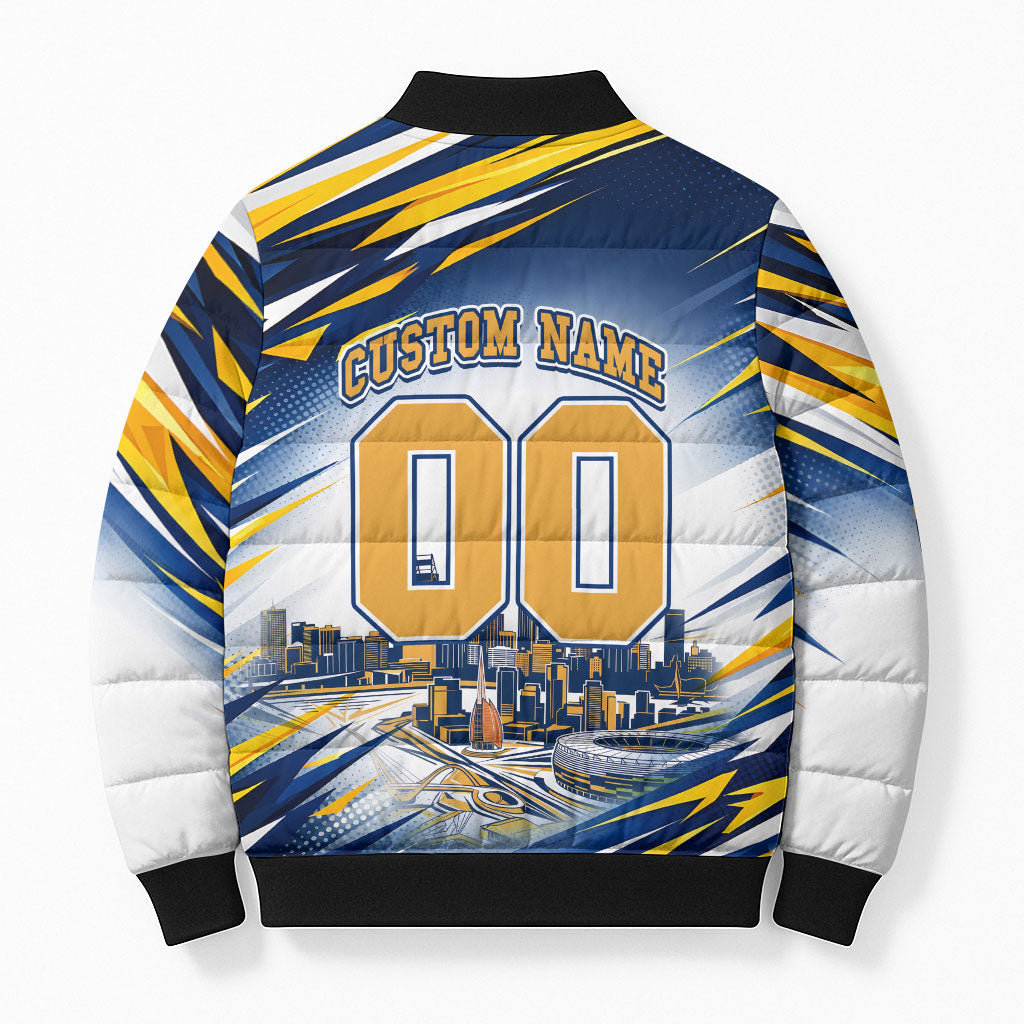 Personalised West Coast Eagles Fan Pride Bomber Puffer Jacket Muscular Eagle Mascot Graphic Art With Perth City Skyline
