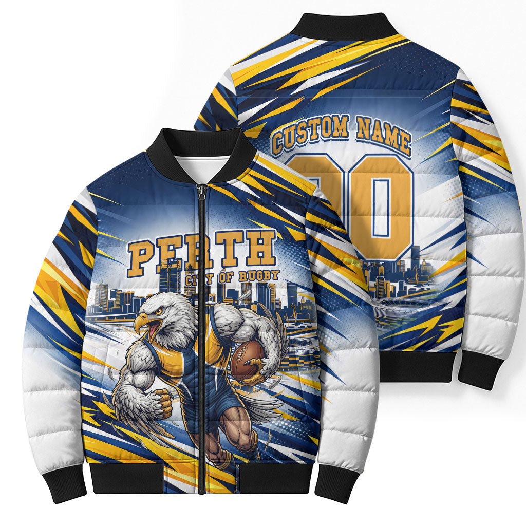 Personalised West Coast Eagles Fan Pride Bomber Puffer Jacket Muscular Eagle Mascot Graphic Art With Perth City Skyline