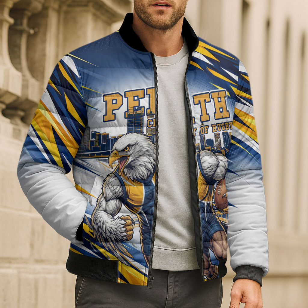 Personalised West Coast Eagles Fan Pride Bomber Puffer Jacket Muscular Eagle Mascot Graphic Art With Perth City Skyline