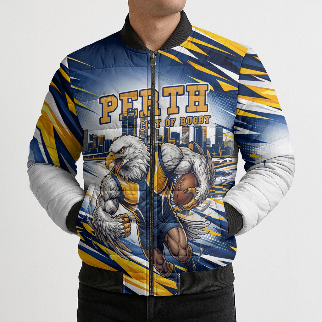 Personalised West Coast Eagles Fan Pride Bomber Puffer Jacket Muscular Eagle Mascot Graphic Art With Perth City Skyline