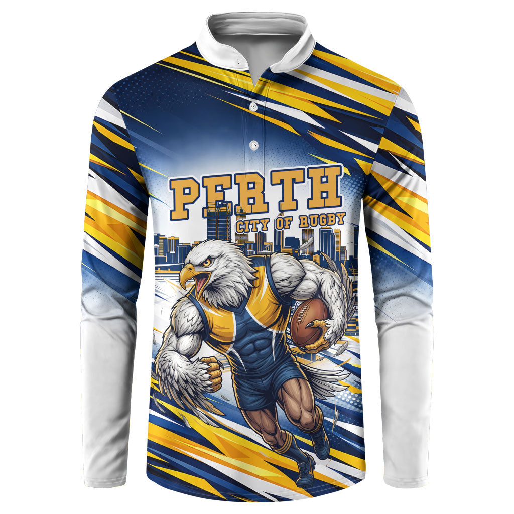 Personalised West Coast Eagles Fan Pride Button Sweatshirt Muscular Eagle Mascot Graphic Art With Perth City Skyline