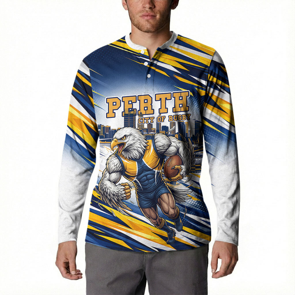 Personalised West Coast Eagles Fan Pride Button Sweatshirt Muscular Eagle Mascot Graphic Art With Perth City Skyline
