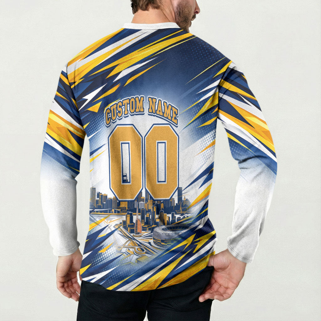 Personalised West Coast Eagles Fan Pride Button Sweatshirt Muscular Eagle Mascot Graphic Art With Perth City Skyline