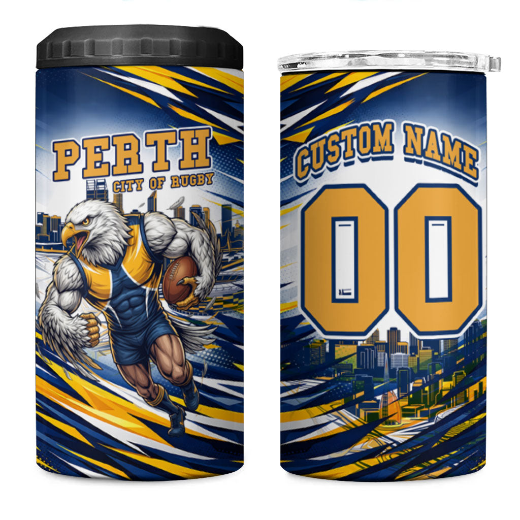 Personalised West Coast Eagles Fan Pride 4 in 1 Can Cooler Tumbler Muscular Eagle Mascot Graphic Art With Perth City Skyline