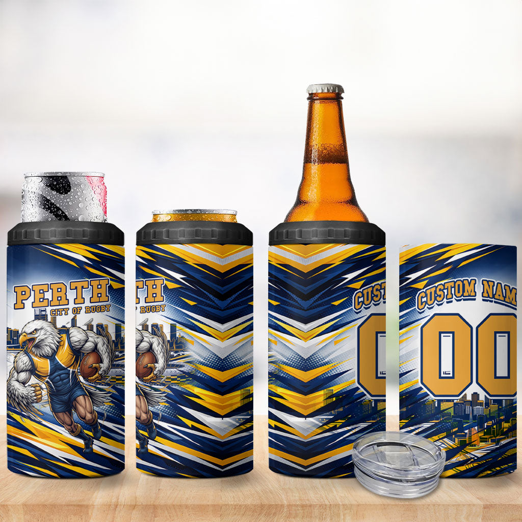 Personalised West Coast Eagles Fan Pride 4 in 1 Can Cooler Tumbler Muscular Eagle Mascot Graphic Art With Perth City Skyline