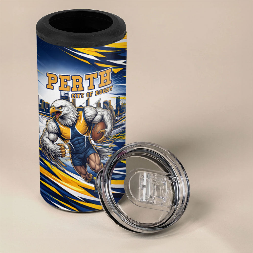 Personalised West Coast Eagles Fan Pride 4 in 1 Can Cooler Tumbler Muscular Eagle Mascot Graphic Art With Perth City Skyline