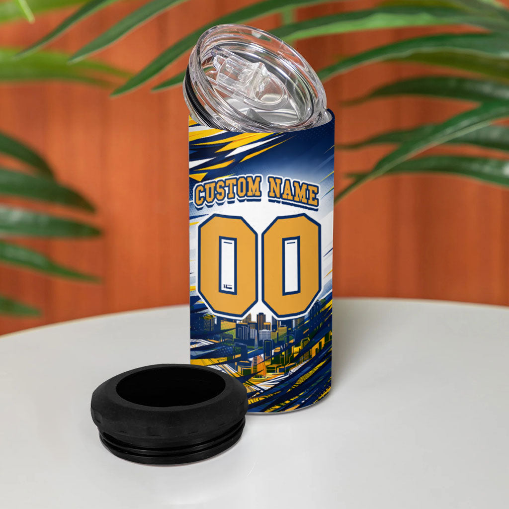 Personalised West Coast Eagles Fan Pride 4 in 1 Can Cooler Tumbler Muscular Eagle Mascot Graphic Art With Perth City Skyline