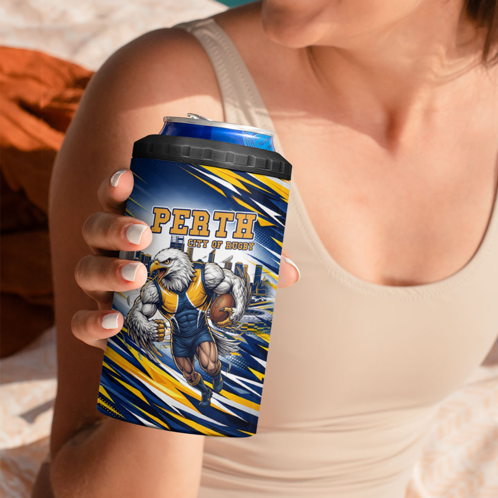 Personalised West Coast Eagles Fan Pride 4 in 1 Can Cooler Tumbler Muscular Eagle Mascot Graphic Art With Perth City Skyline