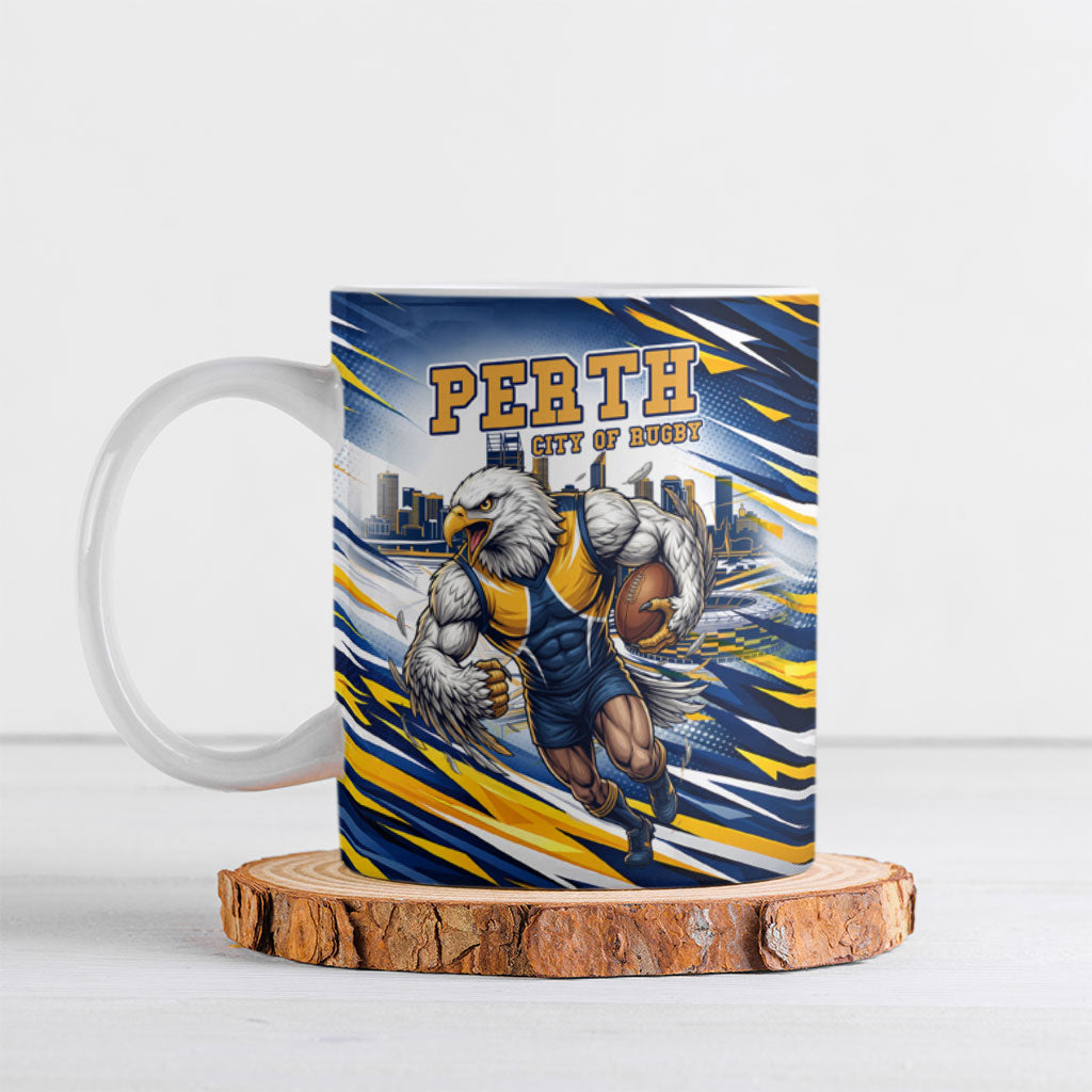 Personalised West Coast Eagles Fan Pride Ceramic Mug Muscular Eagle Mascot Graphic Art With Perth City Skyline