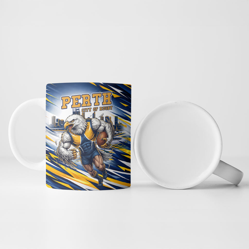 Personalised West Coast Eagles Fan Pride Ceramic Mug Muscular Eagle Mascot Graphic Art With Perth City Skyline
