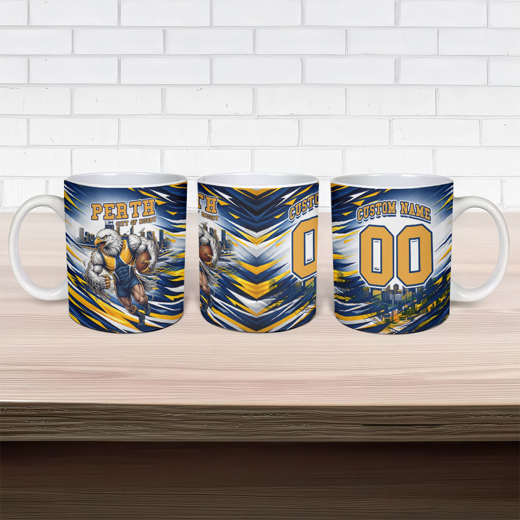 Personalised West Coast Eagles Fan Pride Ceramic Mug Muscular Eagle Mascot Graphic Art With Perth City Skyline